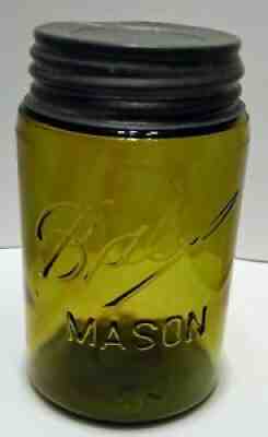 RARE BALL 3-L STRONG OLIVE GREEN + AMBER SWIRLS SHOULDER SEAL PINT MASON RB #234