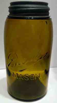 RARE BALL 3-L MASON OLIVE GREEN + PROFUSE AMBER SHOULDER SEAL QUART RB #234