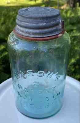MASONâ??S # 2 Half-Pint Jar Pat. 1858 w LUG (GED) Zinc Lid & CFJC Milk Glass Liner