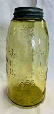 Antique Jar Mason's Patent Nov. 30th 1858 Cross Hero Half Gallon Amber