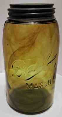 RARE BALL 3-L MASON DK OLIVE GRN PROFUSE AMBER SWIRLS SHOULDER SEAL QT. RB #234