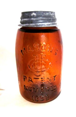 Antique Original Amber Masons Consolidated Fruit Jar Midget Hero Lid  D559