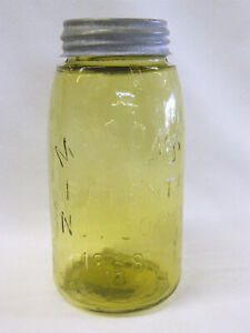 Original Antique Citron Yellow Mason's Patent 1858 Quart Fruit Canning Jar! NICE