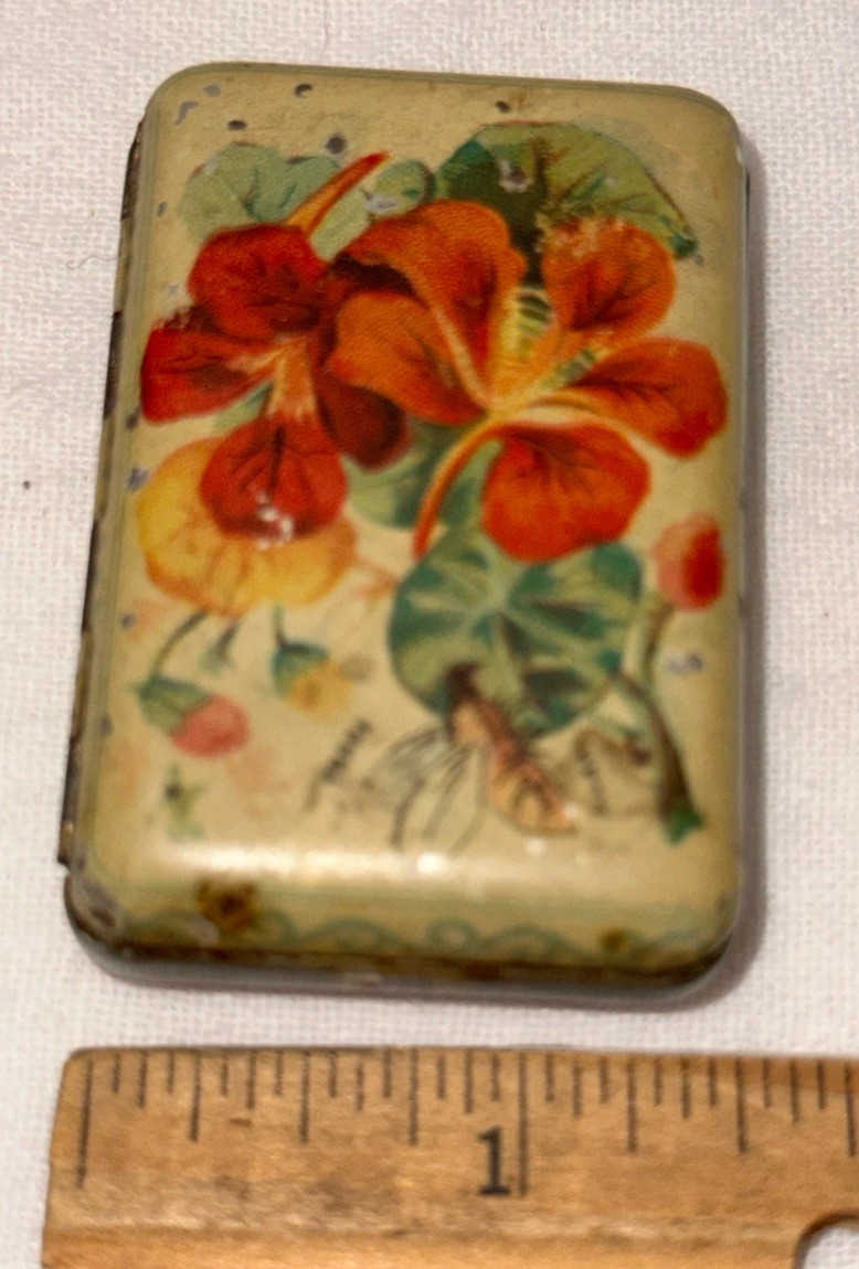 ANTIQUE DIAMOND MATCH COMPANY TIN LITHO MATCH BOX MATCHES CAN FLOWERS FLORAL