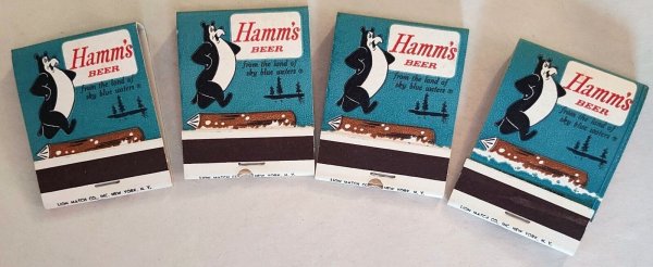Four Vintage Hamm's Beer Matchbooks Sasha Bear Minnesota Sky Blue Waters Lion NY