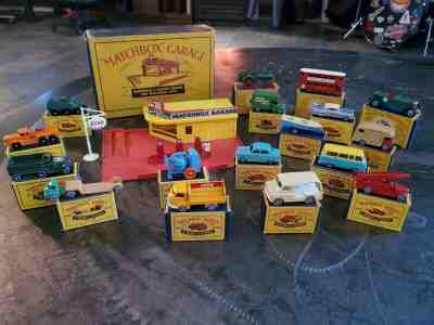 MATCHBOX MOKO LESNEY MINT CONDITION LOT OF 17 CARS, TRUCKS AND GARAGE WITH BOXES
