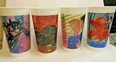 4 BATMAN RETURNS McDonalds Cups 1992 Catwoman Penguin Batmobile Pfeiffer Keaton