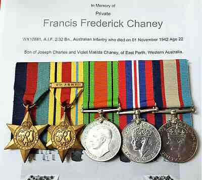 WW2 KIA AUSTRALIAN MEDAL GROUP 2/32 BATTALION WX10881 CHANEY EL ALAMEIN ANZAC 