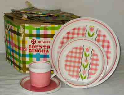 16 PC Mikasa *COUNTRY GINGHAM*COTTON CANDY PINK*DINNER SET*NEW IN BOX*