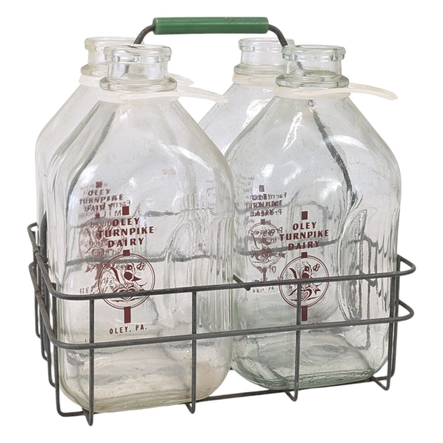 Oley Turnpike Dairy PA Vintage Half Gallon Milk Bottle Set Of 4 W/Wire Carrier
