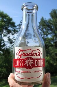 GRUETER'S SWISS DAIRY PYRO QUART WESTERN MILK BOTTLE SAN GABRIEL & PUENTE CAL.