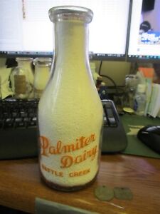 Battle Creek, Mich. Palmiter Dairy TRPQ Milk Bottle & 2 diff Brass Tokens MI