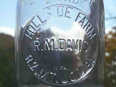 1945 clear emboss 1 qt. R. M. Davis Hillside Farm R. 2 MT. Joy, Pa. milk bottle