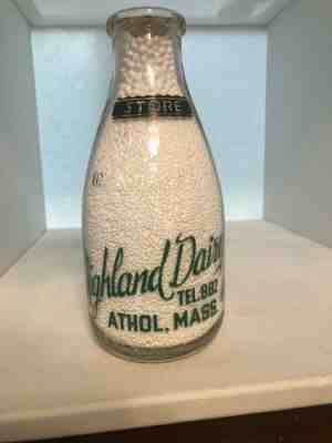 Highland Dairy ATHOL MASS Green Pyro Quart W.H. Blackmer Store Milk Bottle