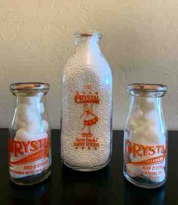 3 Vintage Crystal Cream Creamery Dairy Sacramento Milk Bottles 2 Rare Half Pints