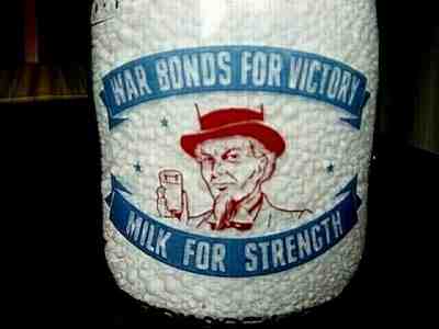 WWII 1943 Plymouth MICHIGAN Quart MICH. MI. dairy milk bottle 2 COLOR WAR BONDS