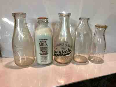 5 VINTAGE MILK BOTTLES MAINE NEW YORK PENNSYLVANIA PINT & QUART PYRO EMBOSSED
