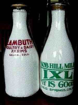 2) TRPQ 1940s LAMBUTH POULTRY Salida COLORADO Springs COLO. CO dairy milk bottle