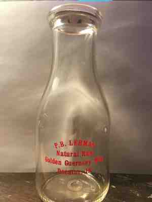 P.B. Lehman Milk Bottle, Decatur IN, Pint, Mint Condition, Paper Top Included