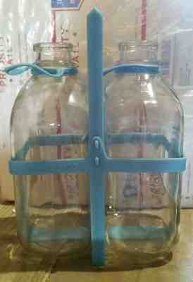 Vtg Lawson's Pair of Half Gallon Milk Jug/Bottles  & Blue Plastic Carrier