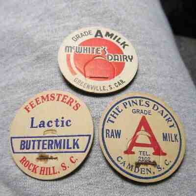 Greenville, Camden, & Rock Hill, S.C. 3 diff Dairy Milk Bottle Caps 56mm McWhite