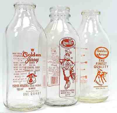 Vintage MILK BOTTLE Lot 3 DAIRY BOTTLES Repro YASGUR FARMS Golden Arrow & JERSEY