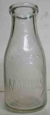 1920's Mathias Embossed Pint Milk Bottle - Mahanoy City, PA