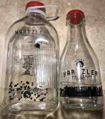 1 Quart & Half Gallon HARTZLER DAIRY Ohio Clear Glass Milk Bottles with Lids OH