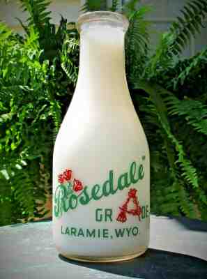 1940's Rosedale Laramie WY Quart Grade A Milk Bottle Pyro Rose War Battleship  