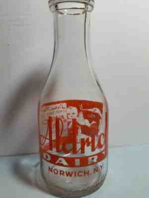 Vintage ALDRICH Dairy NORWICH NY Glass Milk Bottle Collectible RED Lettering Qt 