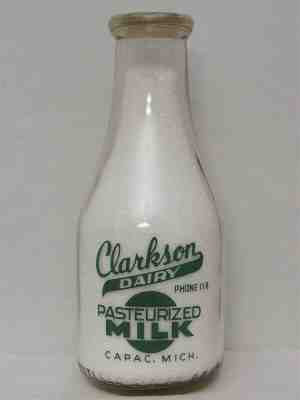 TRPQ Milk Bottle Clarkson Dairy Capac MI ST CLAIR COUNTY Phone 118 ICE CREAM '44