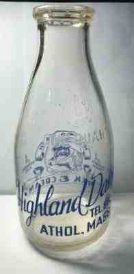 Vintage Round Squat Quart Milk Bottle -Highland Dairy, Athol, MA  (blue)