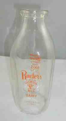 Vtg Rueter's Dairy Evergreen Park ILL IL Milk Bottle Qt Pyro ACL 1960 Illinois