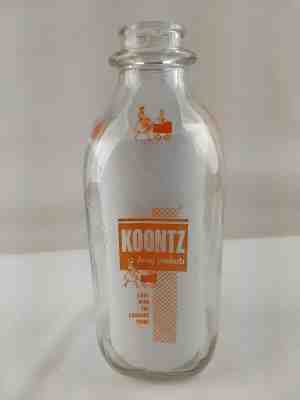 Vintage Milk Bottle Koontz Dairies Red/Orange Painted Label 1st Carriage Trade 