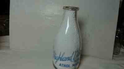 Ma. Milk Bottle, Highland Dairy, Athol,  Squat Round Quart iLight Blue Pyro