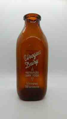 Viroqua Dairy Wisconsin, WIS, WI Square Amber Pyroglazed Quart Milk Bottle