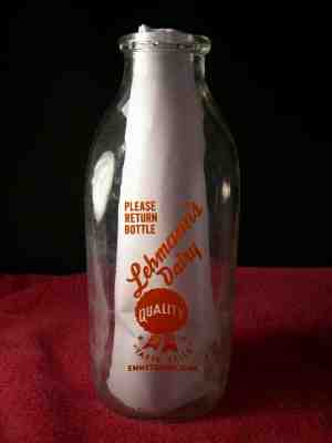 Vintage Lehmann's Dairy Milk Bottle Emmetsburg Iowa square 1 Quart Milk Bottle