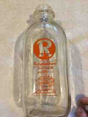 RICHMOND DAIRY SQUARE QUART MILK BOTTLE WITH ORANGE PYRO