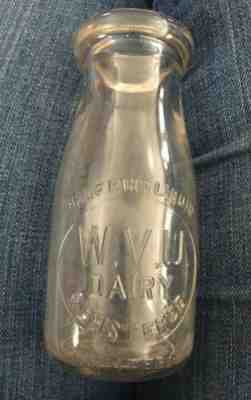 Vtg WVU Dairy Half Pint Glass Milk Bottle West Virginia University Morgantown WV