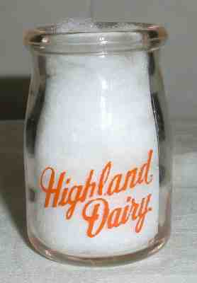  2-Sided Highland Dairy,Athol, Mass.? Milk Bottle Creamer 2 1/8