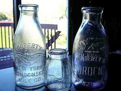 3) 1890's BORDEN New York Condensed Milk Co. BORDENS dairy bottle PURPLE GLASS