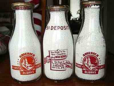 3) 1940's WWII Pint NEW YORK Georgia OHIO dairy OH. milk bottle WAR SLOGAN BONDS