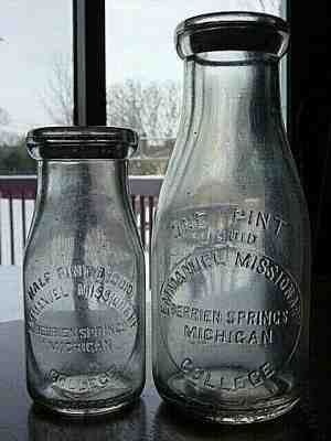 2) 1930's MISSION COLLEGE Berrien Springs MICH. Mi. dairy milk bottle UNIVERSITY