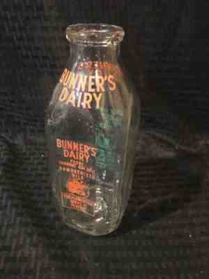 Very Rare Bunner’s Dairy Glass Milk Bottle Fairmont, WV  Quart Size Duraglass