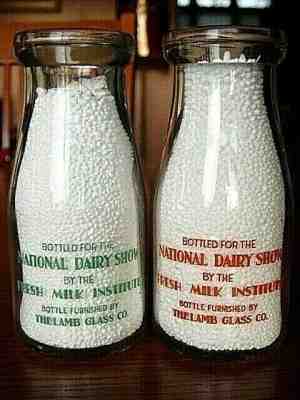 2) 1940s NATIONAL DAIRY SHOW Lamb Glass OHIO 1/2pint milk bottle SALESMAN SAMPLE