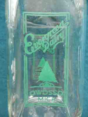 Vintage Evergreen Dairy Owosso Michigan Milk Bottle Sharp Green Color