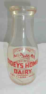 Vtg Tideys Home Dairy Eau Claire Mich Milk Bottle Pyro Pint Tidey's ACL Farm Cow