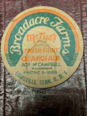 Broadacre Farms Orange Ade Milk Bottle Cap Louisville Tennessee
