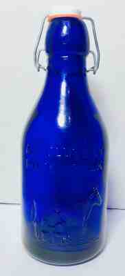 VTG THATCHERS DAIRY EMBOSSED COW COBOLT BLUE GLASS BOTTLE PAT 1884 MADE IN ITALY