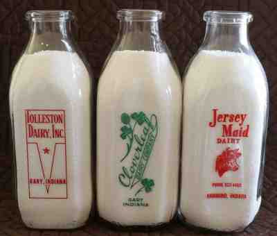 Indiana Milk Bottles - 6 different plus caps, cream top spoon and state guide